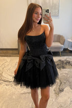 Load image into Gallery viewer, Stunning A Line Strapless Black Corset Homecoming Dress with Bowknot