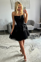 Load image into Gallery viewer, Stunning A Line Strapless Black Corset Homecoming Dress with Bowknot