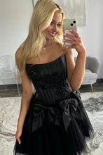 Load image into Gallery viewer, Stunning A Line Strapless Black Corset Homecoming Dress with Bowknot