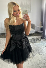 Load image into Gallery viewer, Stunning A Line Strapless Black Corset Homecoming Dress with Bowknot