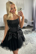 Load image into Gallery viewer, Stunning A Line Strapless Black Corset Homecoming Dress with Bowknot