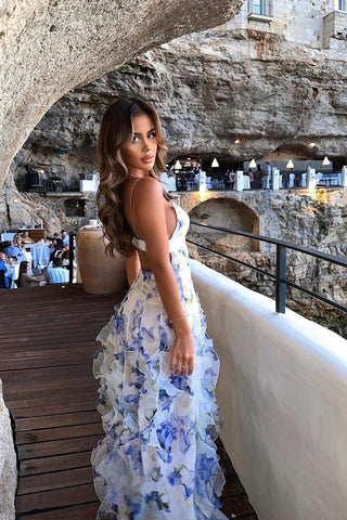 Charming A Line Spaghetti Straps Blue Floral Printed Long Party Dress