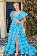 Load image into Gallery viewer, Charming A Line Sweetheart Blue Corset Prom Dress with Short Sleeves