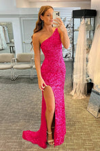 Load image into Gallery viewer, Hot Pink Mermaid Glitter One-Shoulder Backless Prom Dress With Sequins