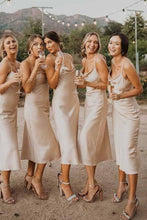 Load image into Gallery viewer, Simple Sheath Spaghetti Straps Light Champagne Tea Length Bridesmaid Dress