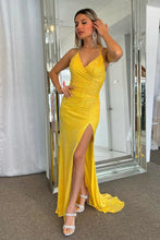 Load image into Gallery viewer, Sparkly Mermaid Spaghetti Straps Yellow Sequins Long Prom Dress with Split Front