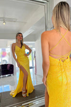 Load image into Gallery viewer, Sparkly Mermaid Spaghetti Straps Yellow Sequins Long Prom Dress with Split Front