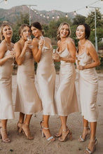 Load image into Gallery viewer, Simple Sheath Spaghetti Straps Light Champagne Tea Length Bridesmaid Dress