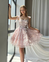 Load image into Gallery viewer, Charming A Line Spaghetti Straps Pink Short Homecoming Dress with Appliques