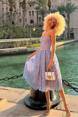 Charming A Line Sweetheart Lilac Tulle Tea Length Party Dress with Appliques