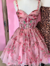 Load image into Gallery viewer, Gorgeous A Line Spaghetti Straps Pink Printed Short Homecoming Dress