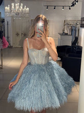 Load image into Gallery viewer, Gorgeous A Line Spaghetti Straps Blue Short Homecoming Dress with Feather