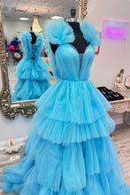 Load image into Gallery viewer, Gorgeous A Line V Neck Blue Long Prom Dress with Ruffles