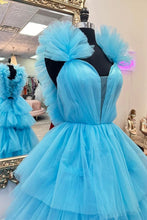 Load image into Gallery viewer, Gorgeous A Line V Neck Blue Long Prom Dress with Ruffles