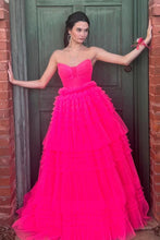 Load image into Gallery viewer, Trendy A Line Strapless Hot Pink Long Prom Dress with Ruffles