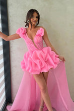 Load image into Gallery viewer, Gorgeous A Line One Shoulder Pink High Low Homecoming Dress with Train
