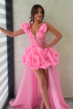 Load image into Gallery viewer, Gorgeous A Line One Shoulder Pink High Low Homecoming Dress with Train