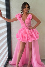 Load image into Gallery viewer, Gorgeous A Line One Shoulder Pink High Low Homecoming Dress with Train