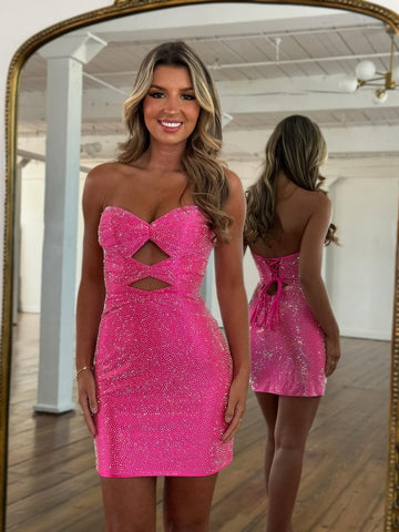 Sparkle Short Tight Homecoming Dress with Cutout Details and Strapless Design