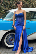 Load image into Gallery viewer, Stunning Mermaid Spaghetti Straps Long Glitter Prom Dress with High Slit