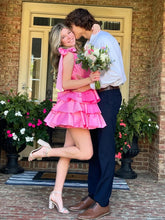 Load image into Gallery viewer, Black A-Line V-Neck Short Tiered Satin Homecoming Dress