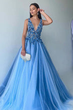 Load image into Gallery viewer, Gorgeous A Line Deep V Neck Blue Long Prom Dress with Appliques