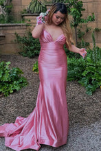 Load image into Gallery viewer, Stylish Mermaid V Neck Pink Long Party Dress with Sweep Train