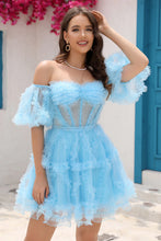 Load image into Gallery viewer, Gorgeous A Line Off the Shoulder Royal Blue Cortset Homecoming Dress