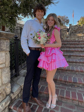 Load image into Gallery viewer, Black A-Line V-Neck Short Tiered Satin Homecoming Dress