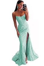 Load image into Gallery viewer, Romantic Lavender Mermaid Strapless Long Lace Prom Dress With Slit