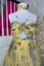 Load image into Gallery viewer, Stylish A Line Halter Neck Yellow Printed Tulle Long Prom Dress with Keyhole