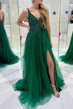 Load image into Gallery viewer, Bling A Line V Neck Dark Green Long Prom Dress with Beading