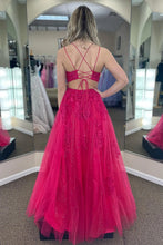 Load image into Gallery viewer, Stunning A Line Spaghetti Straps Fuchsia Long Prom Dress with Appliques