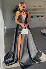 Load image into Gallery viewer, Stylish A Line Deep V Neck Black Long Prom Dress with Split Front