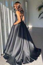 Load image into Gallery viewer, Stylish A Line Deep V Neck Black Long Prom Dress with Split Front