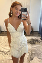 Load image into Gallery viewer, Trendy Sheath Spaghetti Straps White Sequins Short Homecoming Dress with Tassel