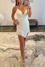 Load image into Gallery viewer, Trendy Sheath Spaghetti Straps White Sequins Short Homecoming Dress with Tassel