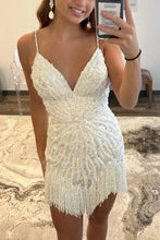 Load image into Gallery viewer, Trendy Sheath Spaghetti Straps White Sequins Short Homecoming Dress with Tassel
