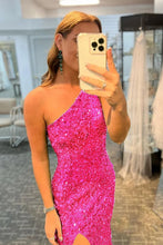 Load image into Gallery viewer, Hot Pink Mermaid Glitter One-Shoulder Backless Prom Dress With Sequins
