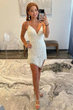 Load image into Gallery viewer, Trendy Sheath Spaghetti Straps White Sequins Short Homecoming Dress with Tassel