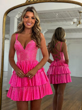 Load image into Gallery viewer, Sparkly A Line Spaghetti Straps Fuchsia Short Homecoming Dress with Beading