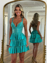 Load image into Gallery viewer, Sparkly A Line Spaghetti Straps Fuchsia Short Homecoming Dress with Beading