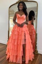Load image into Gallery viewer, Stunning A-Line Sweetheart Satin Top Long Tiered Chiffon Prom Dress with Slit