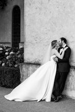 Load image into Gallery viewer, Classic A Line Strapless White Satin Long Wedding Dress with Sweep Train