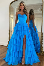Load image into Gallery viewer, Stunning A-Line Sweetheart Satin Top Long Tiered Chiffon Prom Dress with Slit