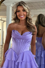 Load image into Gallery viewer, Stunning A-Line Sweetheart Satin Top Long Tiered Chiffon Prom Dress with Slit