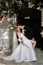 Load image into Gallery viewer, Classic A Line Strapless White Satin Long Wedding Dress with Sweep Train