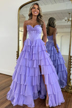 Load image into Gallery viewer, Stunning A-Line Sweetheart Satin Top Long Tiered Chiffon Prom Dress with Slit