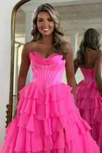 Load image into Gallery viewer, Stunning A-Line Sweetheart Satin Top Long Tiered Chiffon Prom Dress with Slit