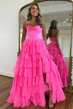 Load image into Gallery viewer, Stunning A-Line Sweetheart Satin Top Long Tiered Chiffon Prom Dress with Slit